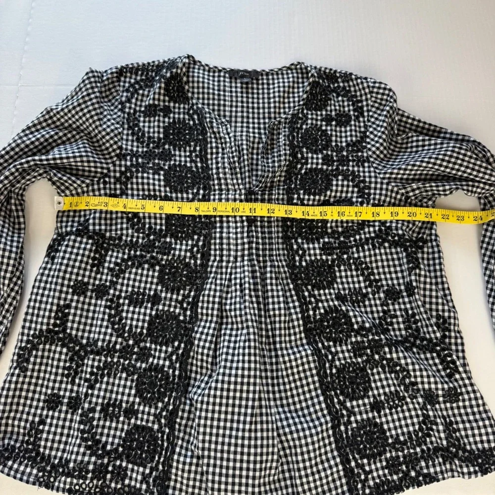 J. Crew Gingham Embroidered Eyelet Blouse Black White Cotton Top Womens Large